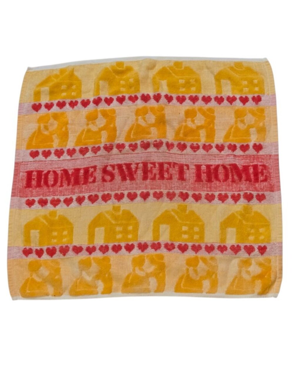 Vintage Franco Home Sweet Home Kitchen Towel 18"x18" 70s Cotton Red Yellow